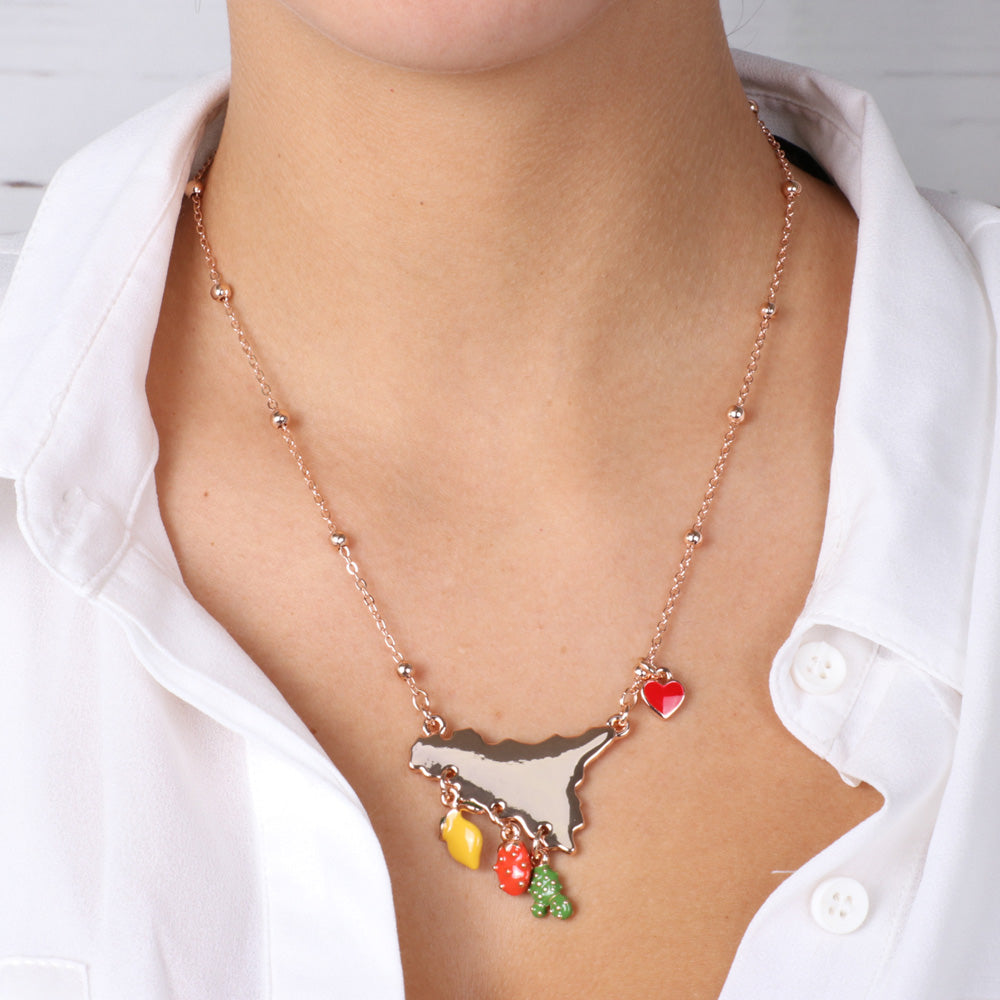 Collana I love Sicily in Metallo con ciondolo Sicilia, limone, fico d’india e cuore 3540883